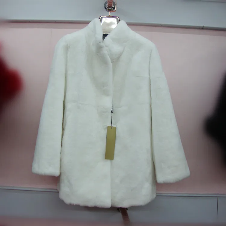

2016 new Natural Real Rex Rabbit fur coat long stand collar outwear