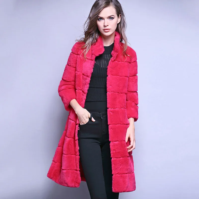 LVCHI Winter2017 натуральное пальто из кроличьего меха Рекс женская Мандарин Воротник девять четверть Средний Повседневный офисный женский узкий теплый пальто - Цвет: Красный