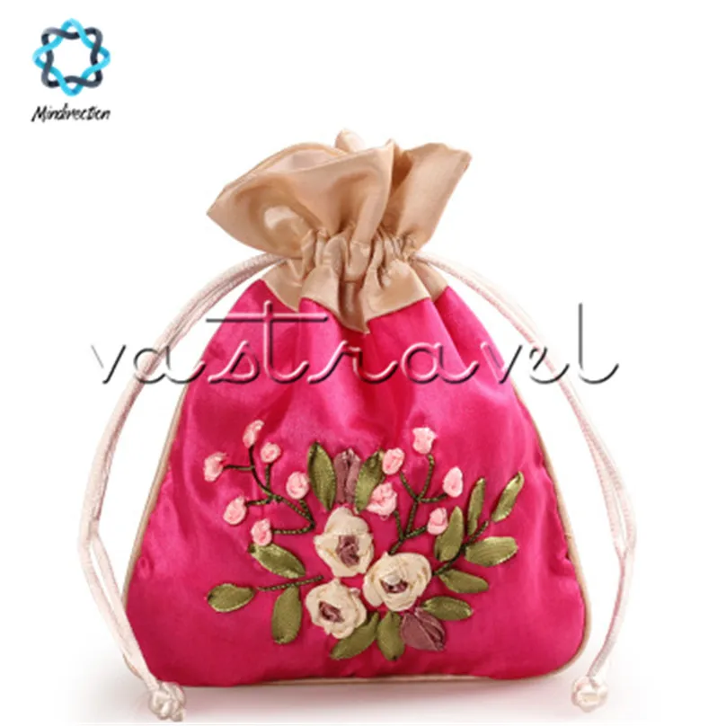 1Pcs Rose Red Embroidery Drawstring Pouches Jewelry Wedding Favor Gift