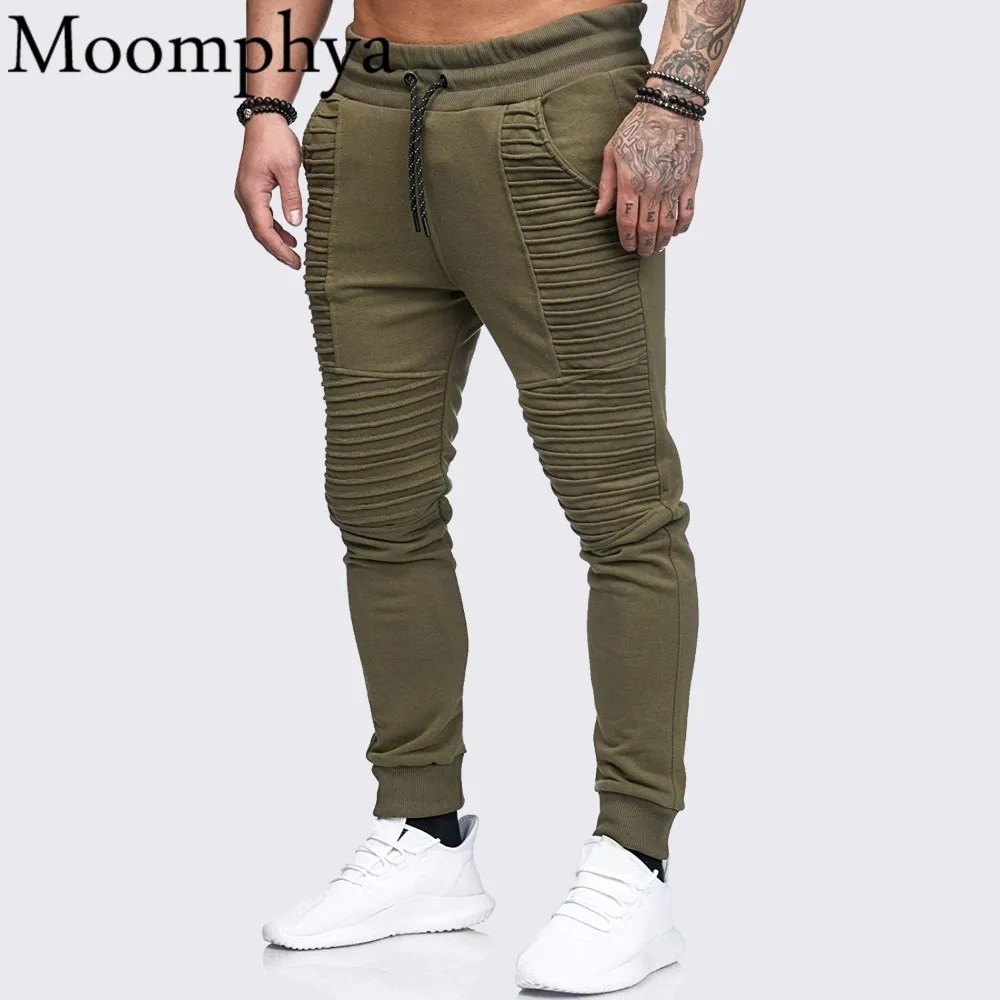 men pleated plain drawstring joggers