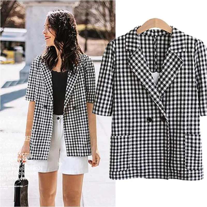 

New 2019 Spring European Style Women Jackets Plaid Half Sleeve Ladies Outerwear Classy Check Pattern Summer Jacket Plus Size 4XL