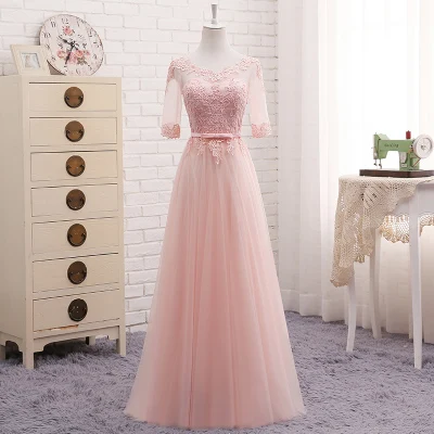 MH length MNZ~ M808# круглый рукав вышивка кружево Весна Новые вечерние платье средней длины короткий стиль розовое платье подружки невесты - Цвет: MH length