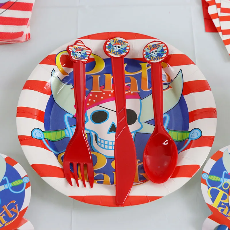 1 Набор, красные пиратские вечерние одноразовые столовые приборы, набор тарелок, салфетки, баннер, коробка для конфет на день рождения, Детские вечерние принадлежности для декора