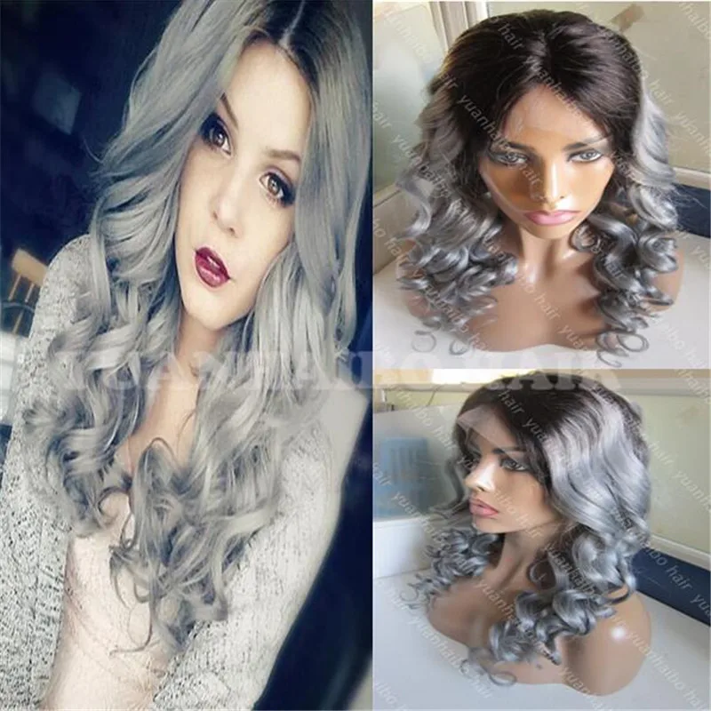 

Top 8A silver grey indian hair lace wig 10-30inch loose curl lace front wig with baby hair T1b/grey two tone hair wig dark roots