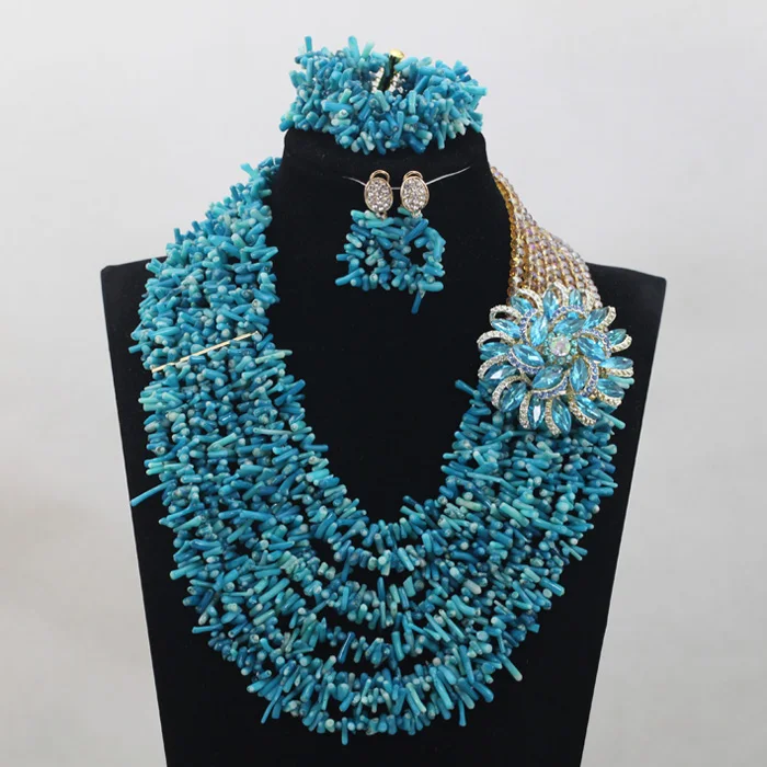 Fashion Seed Coral Beads Lady Jewelry Set Shinny Blue