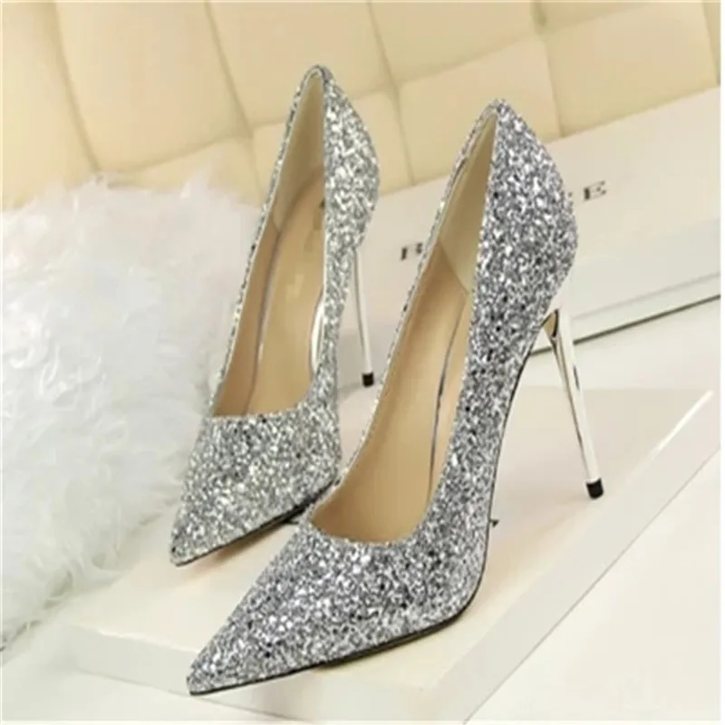 

2018 new European and American style women's shoes high-heeled shallow mouth pointed shiny sequins sexy slim high heels