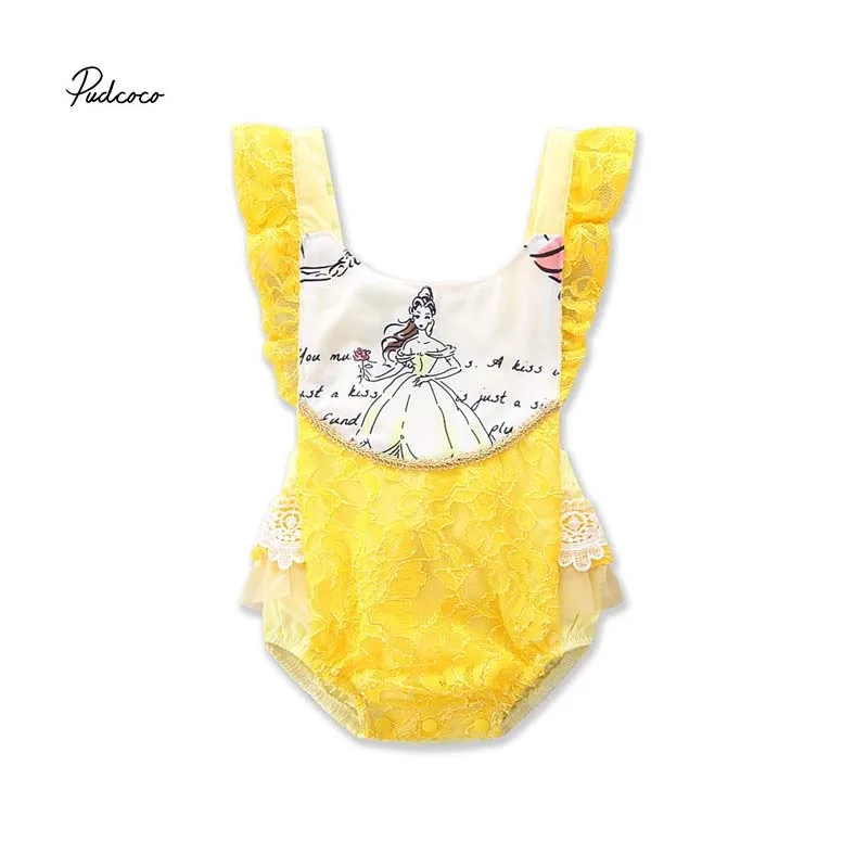 Pudcoco/Коллекция года, боди для новорожденных девочек, Красавица и чудовище, кружевное платье с рюшами и открытой спиной летний сарафан для детей от 0 до 24 месяцев - Цвет: Цвет: желтый