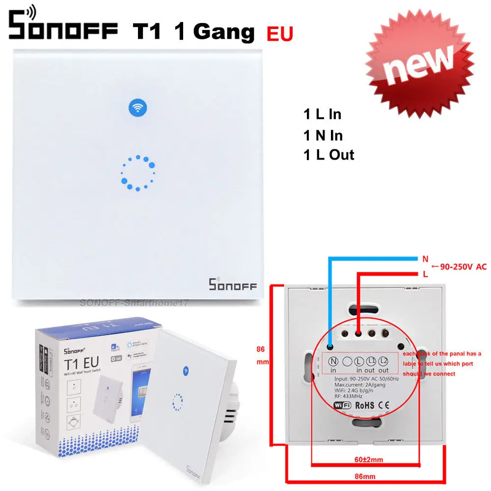 Sonoff T1 сенсорный Умный Переключатель ЕС WiFi и RF 86 Тип умный настенный сенсорный выключатель света дистанционное управление Умный дом Модуль Автоматизации - Комплект: sonoff T1 EU 1AGNG