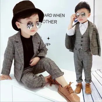 

90-140cm New Boys Plaid Suits for Wedding Birthday Gentleman Boys Dresses Suit Kids Party Clothing Sets Children Costume