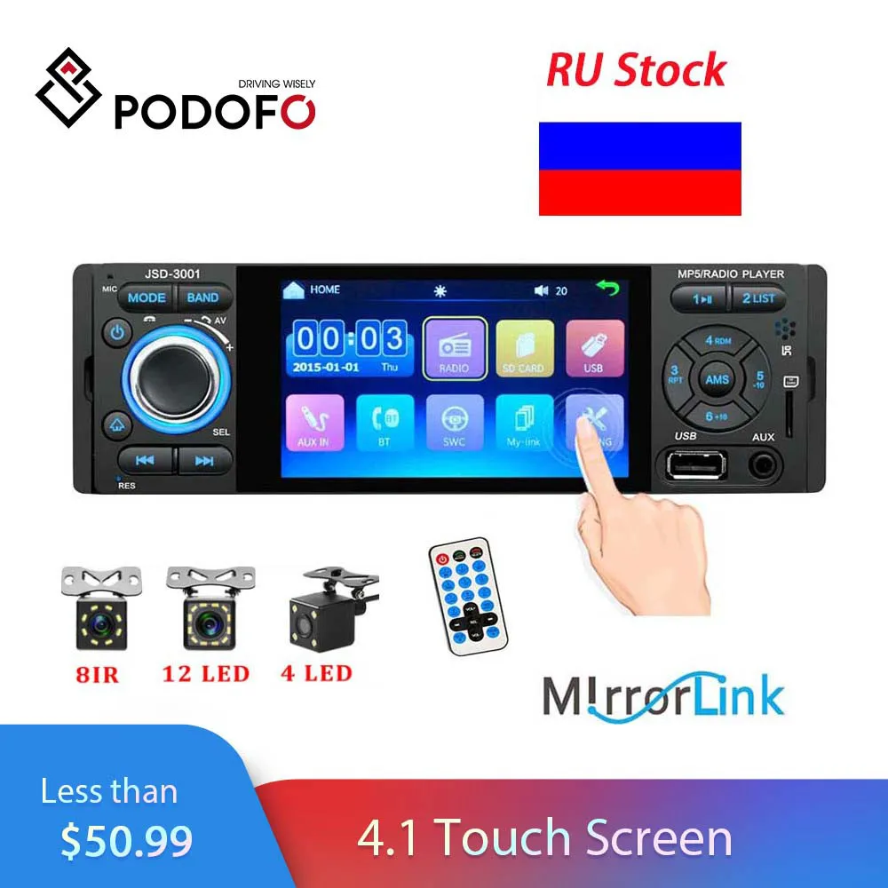 

Podofo Autoradio 1din Car Radio 4.1 inch Touch Screen MP3 Player Car Radio Mirror Link Audio Bluetooth With Rearview Camera