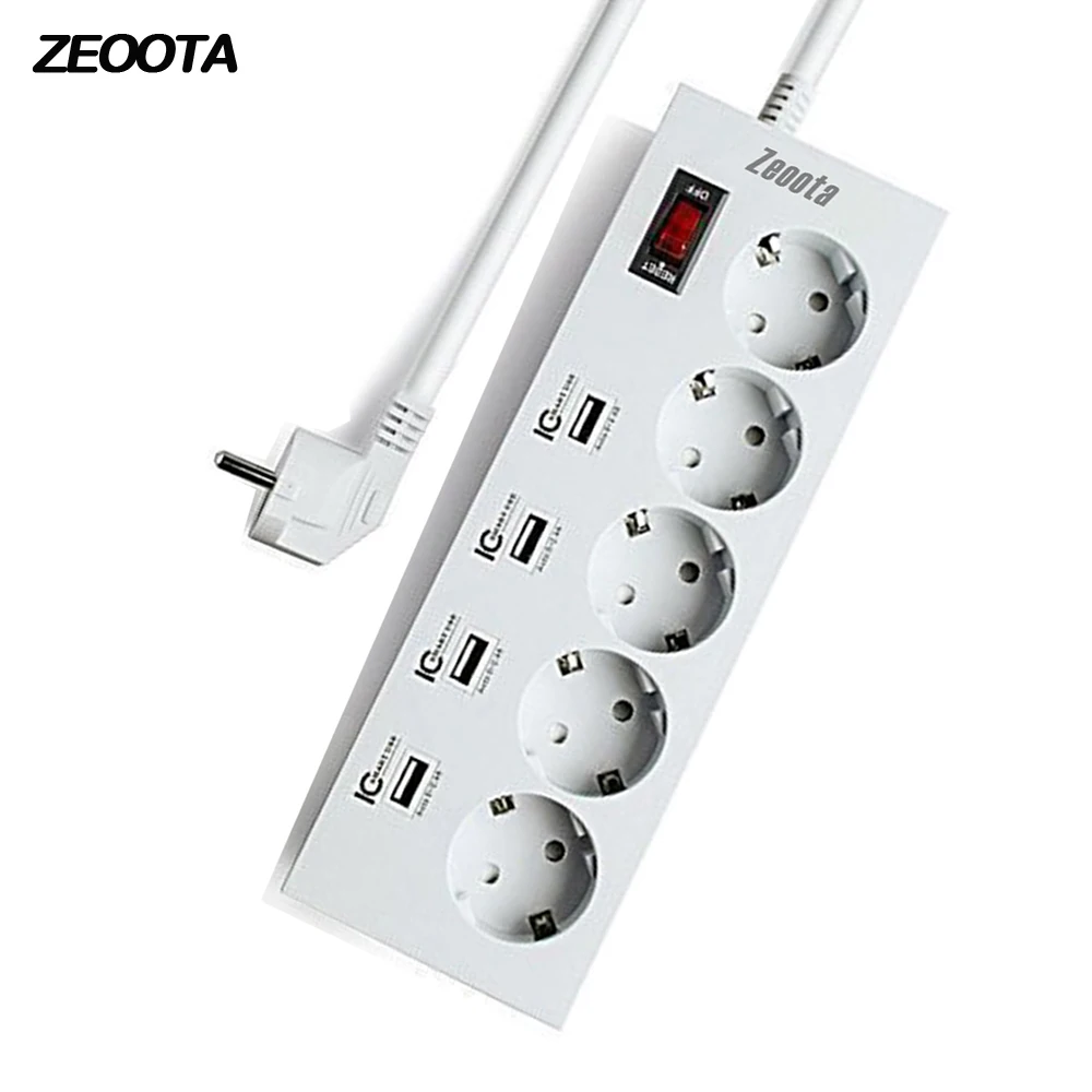 

Power Strip 5-Way Multiple Sockets EU Plug Outlets with USB Switch 5V/8A Smart IC Fireproof 2500W USB Charging for Smartphones