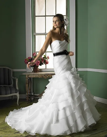 

organza flare asymmetric ruffles pleated detachable organza, ribbon sash handcrafted flower crystal wedding dresses bridal gown