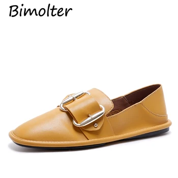 

Bimolter Original 2019 Spring New Women Shoes Genuine Leather Flat Shoes Square Toe Shallow Handmade Retro Metal Flats FC111