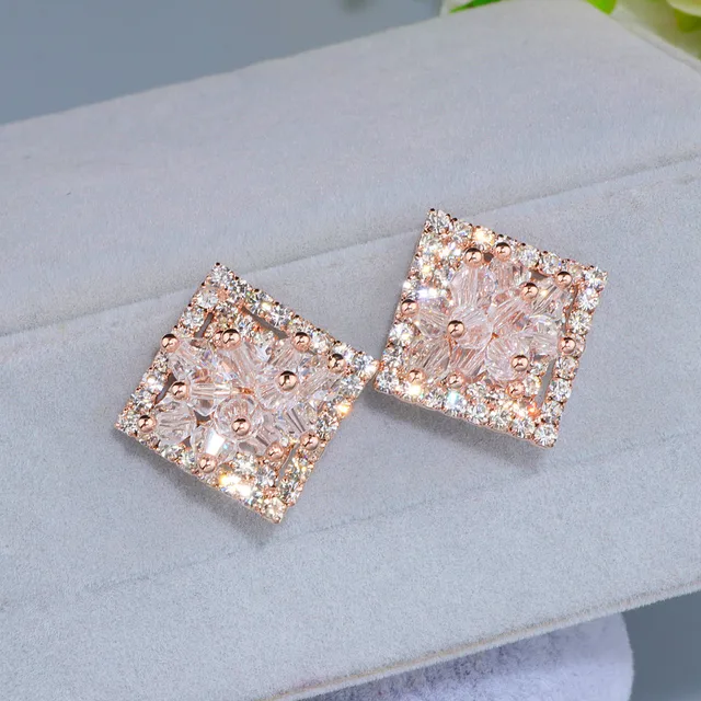 Elegant Hollow Shiny Full Crystal Square Stud Earrings For Women Elegant Hollow Shiny Full Crystal Square Stud Earrings For Women Bijoux Charm Rose Gold Color Flower Brinco Gift Wx089