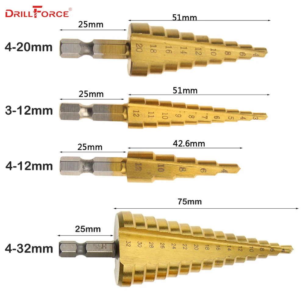 Металлические перовые сверла 3-12/4-12/20/32 мм Шаг сверло Спираль Флейта HSS Сталь конус Титан покрытием мини сверло Набор инструментов дыропробивной пресс
