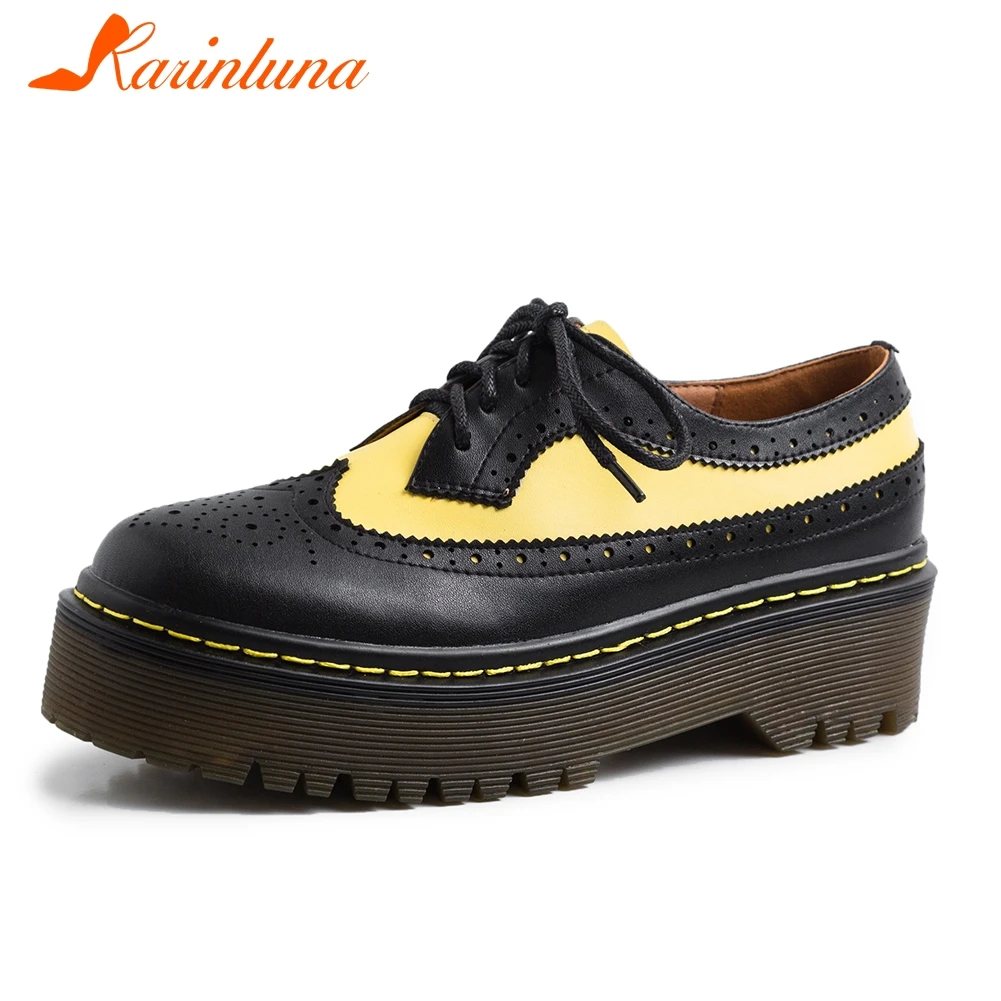 

KARINLUNA Brand Full Grain Genuine Leather Fashion Girls Brogue Shoes Woman Flats Female British Style Thick Bottom Women Shoes