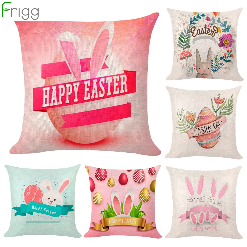 

Frigg 44x44cm Linen Cushion Cover Sofa Bunny Pillowcase Happy Easter Decor For Home Easter Rabbit Eggs Pattern Pillow Cover