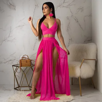 

2019 Sexy Spaghetti Strap Deep V Neck 2 Piece Set Women Crop Top Maxi Beach Skirt Chiffon Suits Lace Up Summer Outfits