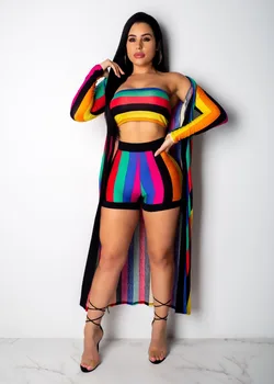 

Hot Style Fashion stripe print Full Sleeve Strapless Casual Three Piece Outfits