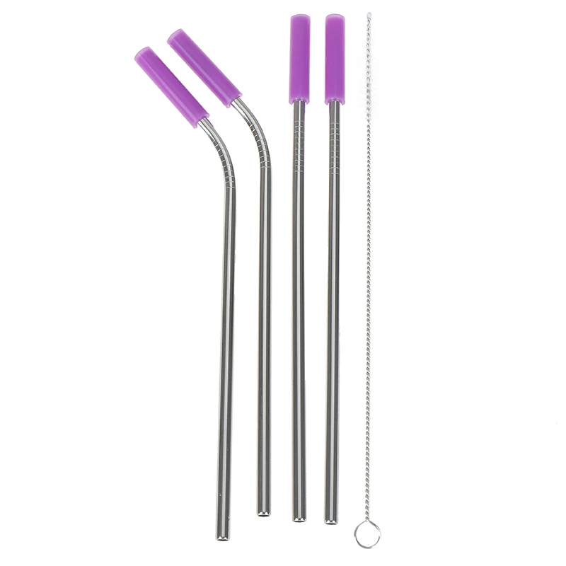 Steel Metal Straw Set Rainbow Multi-colored Reusable Beverage Suit With Anti-scratch Silicone Head Drinking Straw party favor