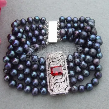 

B061608 5 Strand Black Round Freshwater Pearl Bracelet CZ Connector