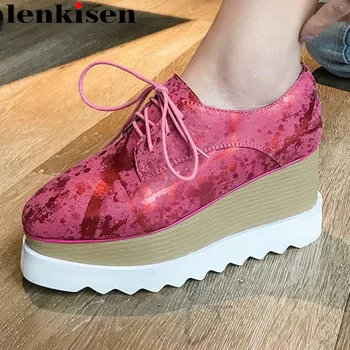 

Plus size special cow leather European Punk style wedges platform square toe women pumps lace up high bottom platoform shoes L20