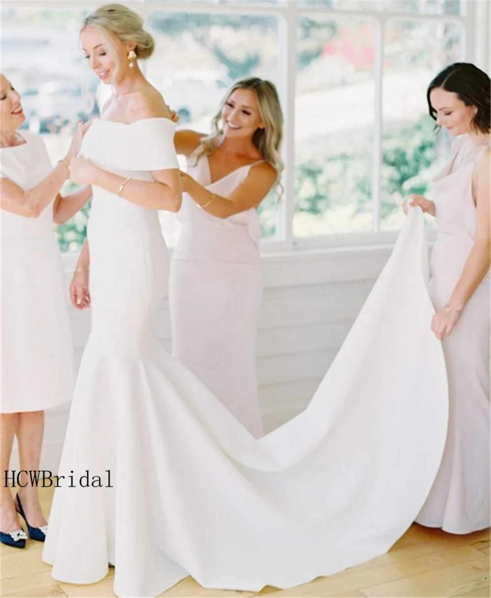 

New 2019 Simple Satin Mermaid Wedding Dresses Off The Shoulder Boat Neck Sweep Train Long Elegant Bridal Dress Robe De Mariee