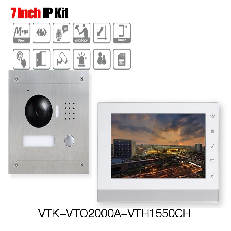 

DH Original VTK-VTO2000A-VTH1550CH 7 Inch 800*480 960P IP Kit 2.8mm Dual-way Audio Alarm In/out 2-Door Control App Remote