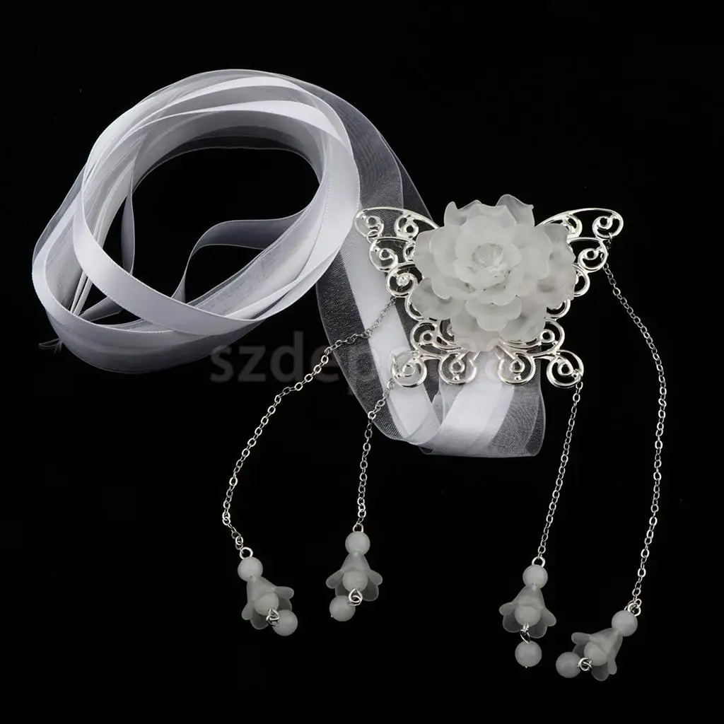 Ribbon Flower Chain Tassel Ancient Chinese Headdress Clip & Beads Dangle Earring Set Bridal Wedding Cosplay Party Hair Jewelry