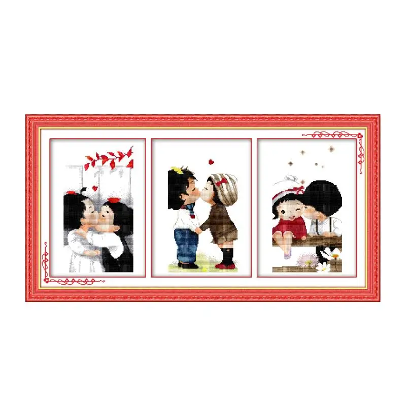 

Cartoon Cute Baby Kiss Triptych Stitch Kit 11CT 14CT Calico Chinese Characteristic Sewing Embroidery Decorative painting