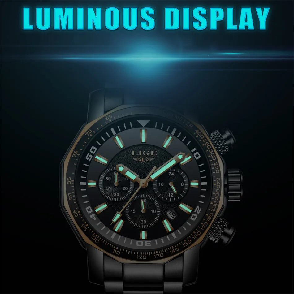 2018 Новый LIGE лучший бренд класса люкс черный Нержавеющая сталь ремешок большой циферблат Повседневное часы Для мужчин Спорт