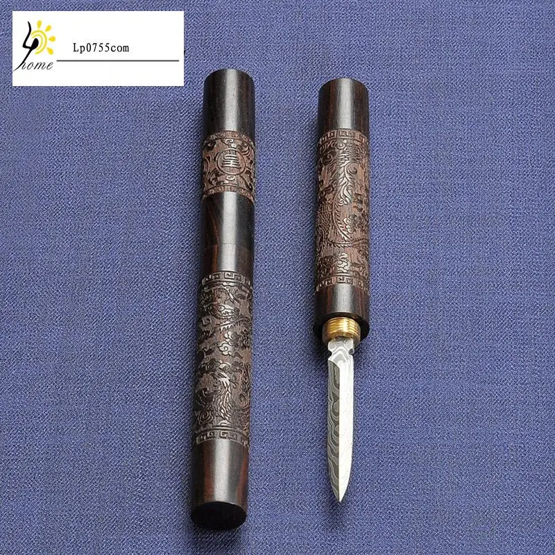 Carved Ebony Pu er Tea Knife Damascus Pattern Steel Black Needle For Kung Fu Ceremony Spare