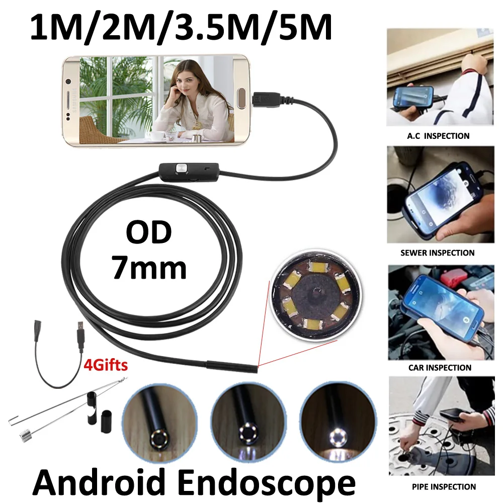 5 м 3,5 м 2 м 1 м Micro USB андроид эндоскоп Камера 7 мм Len Змея Труба инспекции Камера водонепроницаемый OTG Android USB эндоскопии