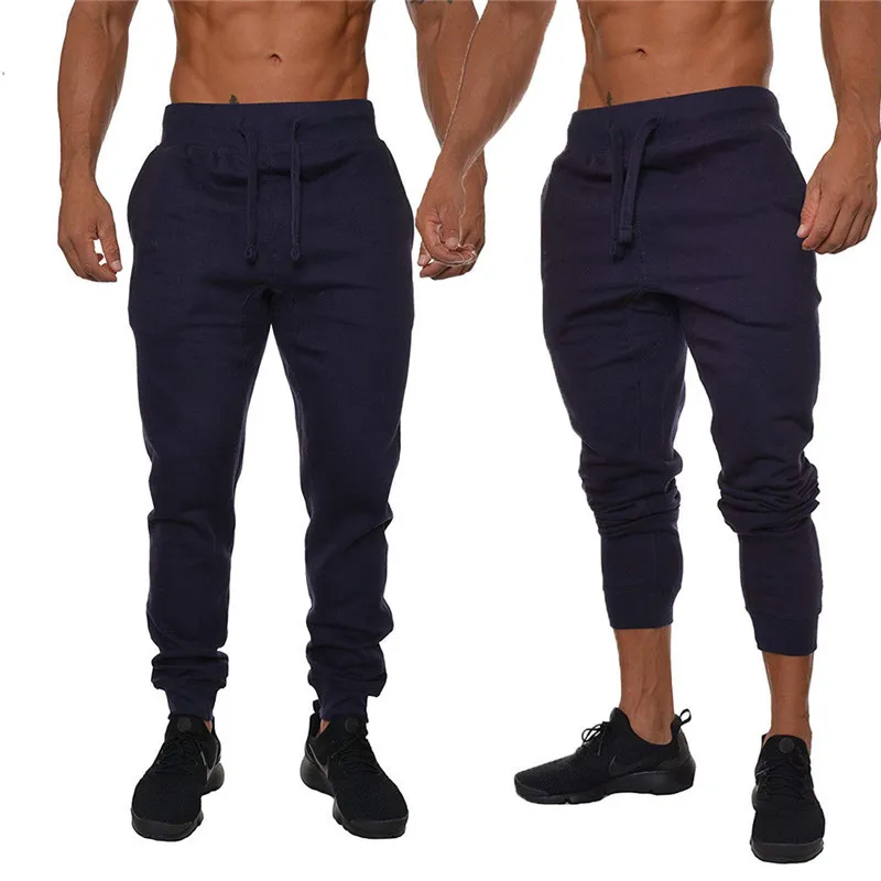 Мужские Slim Fit Брюки плотная спортивный костюм на завязках плавки джоггеры скинни тренажерный зал Sweatpant Спортивные штаны - Цвет: Темно-синий