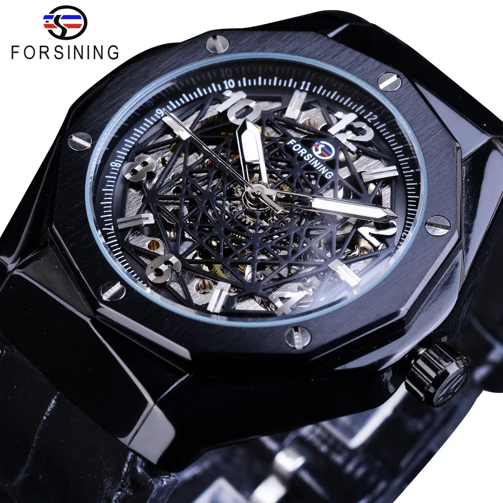 

Forsining Black Leather Belt Irregular Shape 3D Spider Web Dial Mens Business Skeleton Automatic Watches Top Brand Luxury Clock