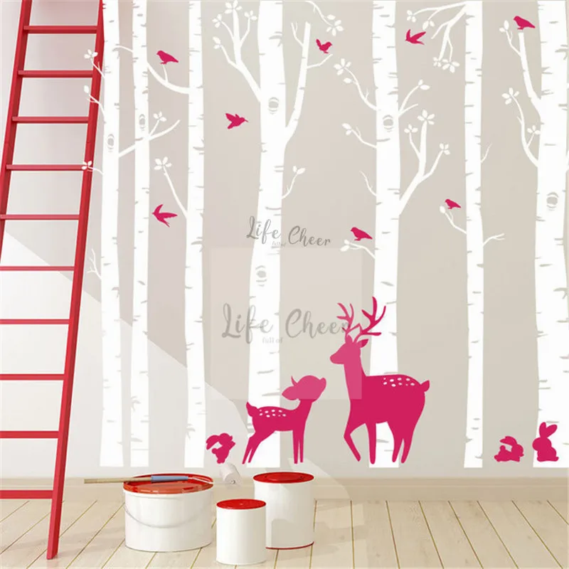 7 أشجار البتولا مجموعة الجدار ملصق الاطفال غرفة نوم الديكور طويل القامة حجم كبير جدار الفن صائق البتولا شجرة مع الغزلان الطيور جدار الفن AC212