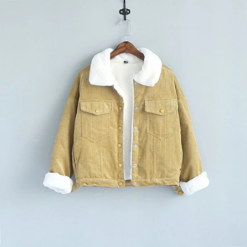 

Autumn and winter new Korean students fresh lapel lambs woolen thick corduroy cotton jacket warm women