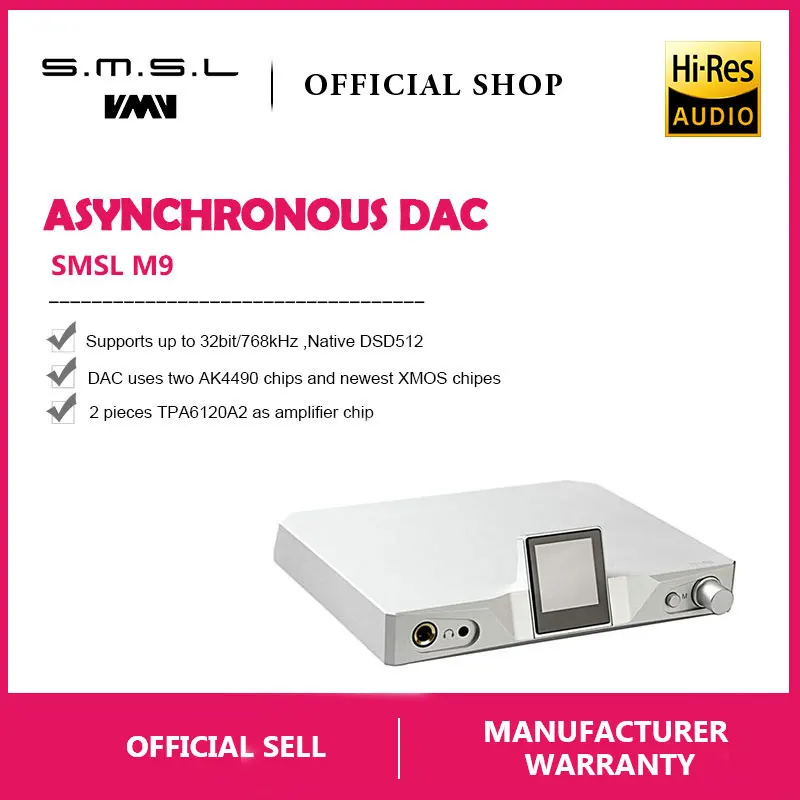 

SMSL M9 AK4490x2 Hi-Fi Audio DAC Digital Balanced Headphone Amplifier with Optical Coaxial USB Input 32bit/768kHz DSD512 XMOS