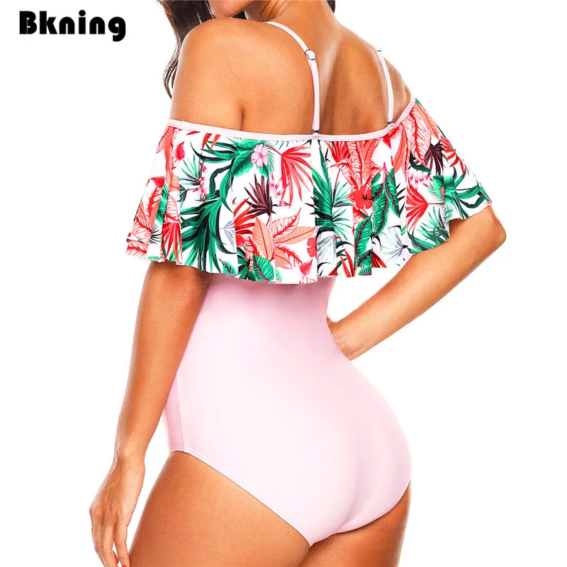 

Flower One Piece Swimsuit Ruffle Strap Bathing Suit Swiming 2018 Plus Size XXL Pink Plunge Bathingsuits 1 Female Trikini 2019