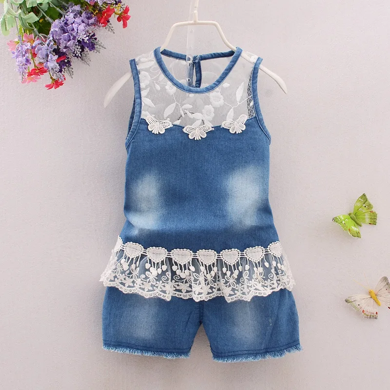 Kids Girl Fashion Summer Sleeveless Vest Tops Lace Denim Shorts Outfit Clothes