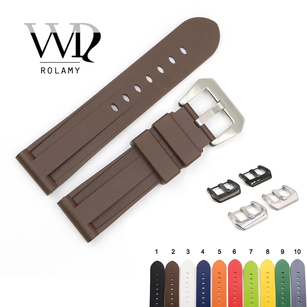

Rolamy 24mm Grey White Black Yellow Orange Brown Waterproof Silicone Rubber Replacement Watch Band Strap For Panerai Luminor