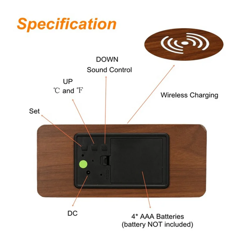 Qi мобильный телефон Беспроводное зарядное устройство Электрический светодиодный Будильник настольные цифровые деревянные часы HD со звуковым управлением многофункциональные