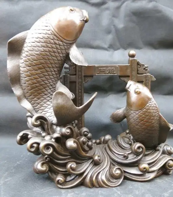 

S03810 12' Chinese purple bronze carved carp Jumping dragon door Sculpture Statue (B0413)