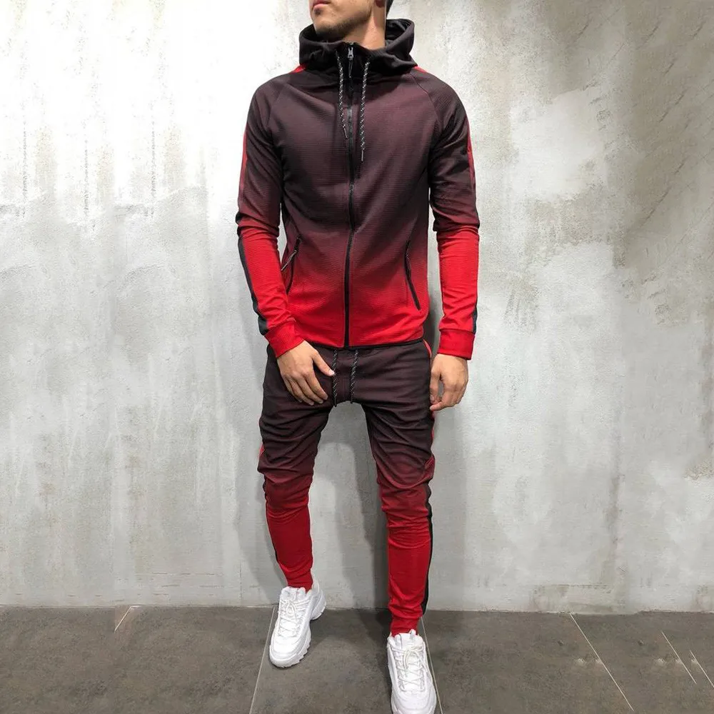 Gradient Set Men Two Piece Outfits Zipper Track Jacket Sweatpants Mens Sports Suits Casual Pants Sweatshirt Sweatsuit Tracksuits - Цвет: red