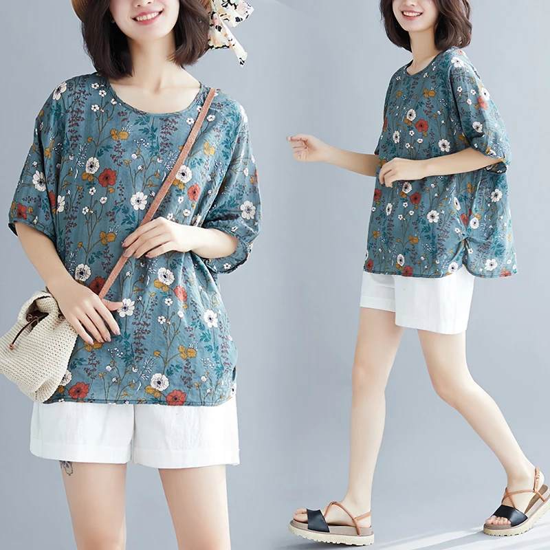 

2019 Summer Women Fashion Elegant Flower Print Tops Ladies Female Mother Short Sleeve Cotton Linen Casual Loose T shirt Tshirt