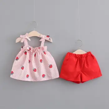 

2pcs per set baby girls summer suspender tshirt solid color pants soft strawberry tree leafs cool summer outfit for little girls