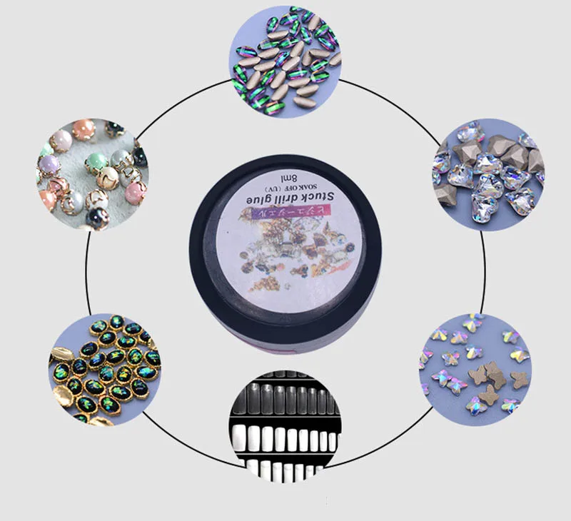 1 коробка, 8 мл, прозрачный клей для ногтей, УФ-гель, стразы, для маникюра, клеящиеся клеи для ногтей, для украшения ногтей, с кистью