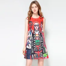

Summer Dress 2018 Fashion Runway High Quality Women Dress Elegant Sleeveless Cartoon Patterns Print Casual Tank Party Dress