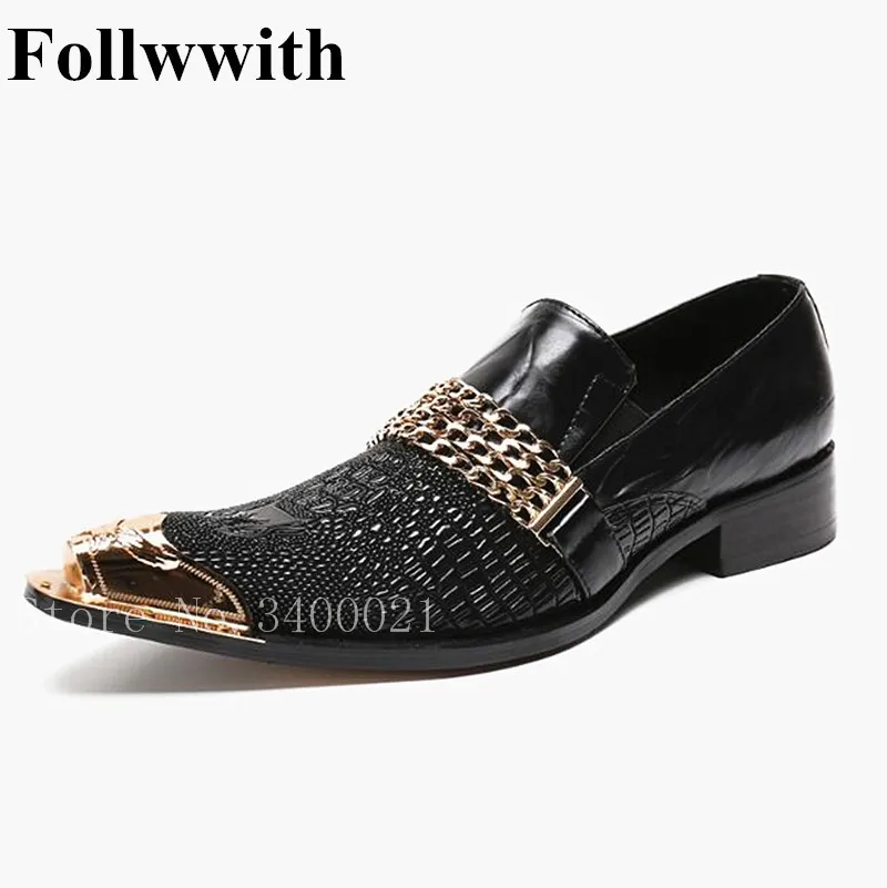 

2019 Follwwith Brand Gold Metal Chain Decor Pointed Toe Handmade Men Shoes Top Qulaity Leather Wedding Party Loafers Men
