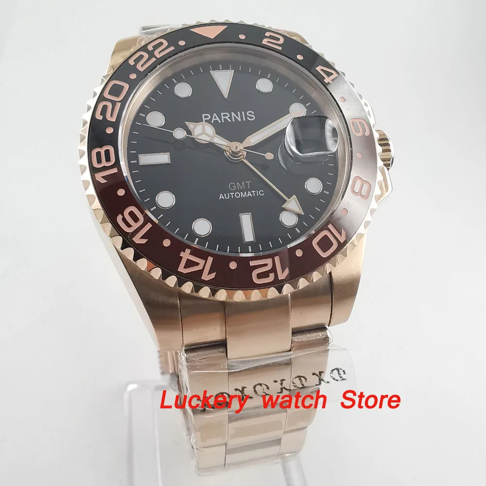 

40mm Parnis gold case Ceramic bezel black dial GMT hands luminous marks sapphire glass automatic Mens Watch-PA78